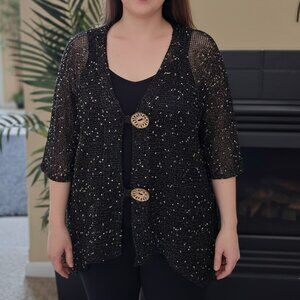 Lulu B sz 1x open knit / mesh button front cardigan black with flecks